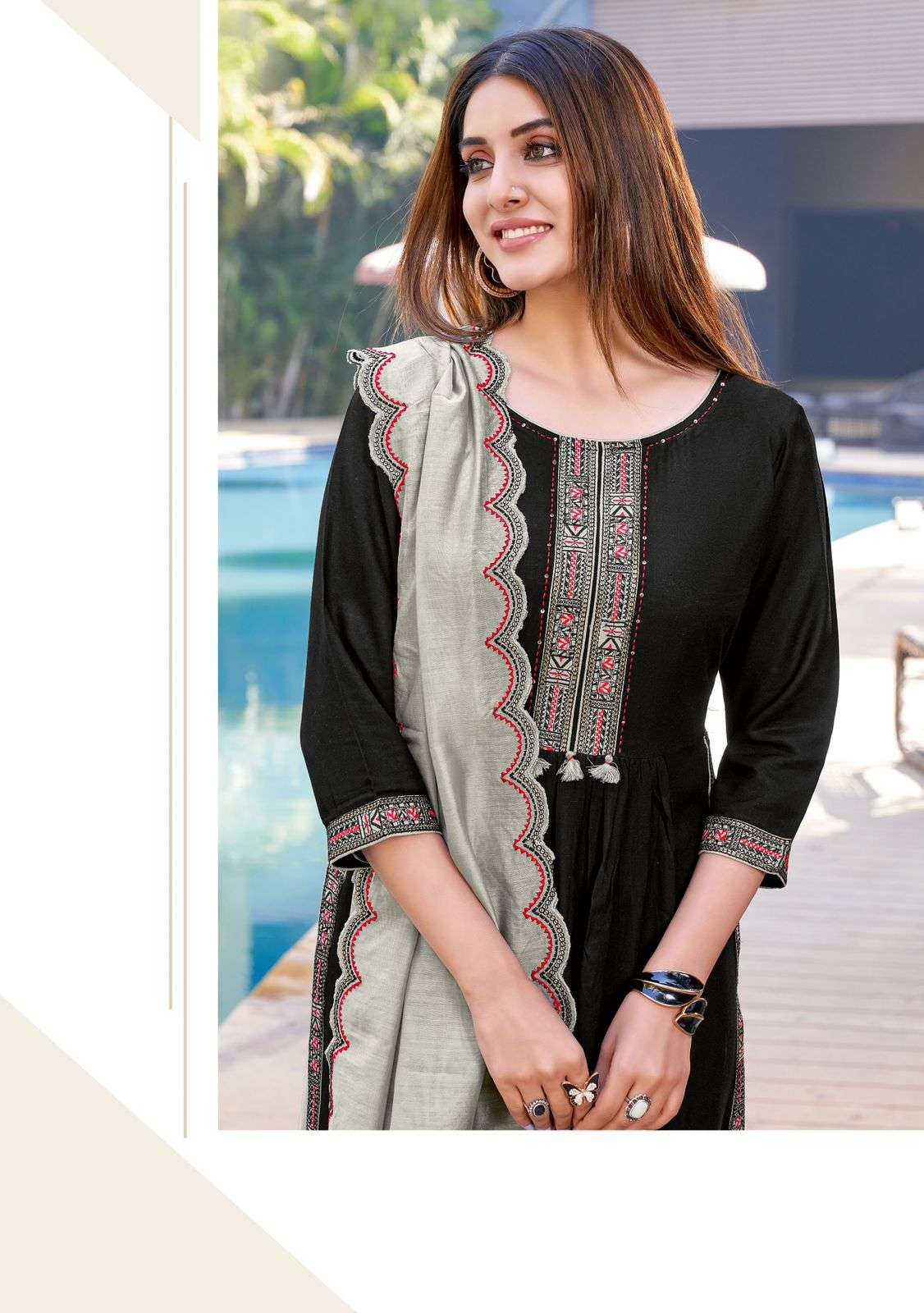 CORAL RAYON WEAVING KURTI WITH COTTON LYCRA PANT AND CHANDERI DUPATTA WITH WORK BY WOOGLEE BRAND 1002 C